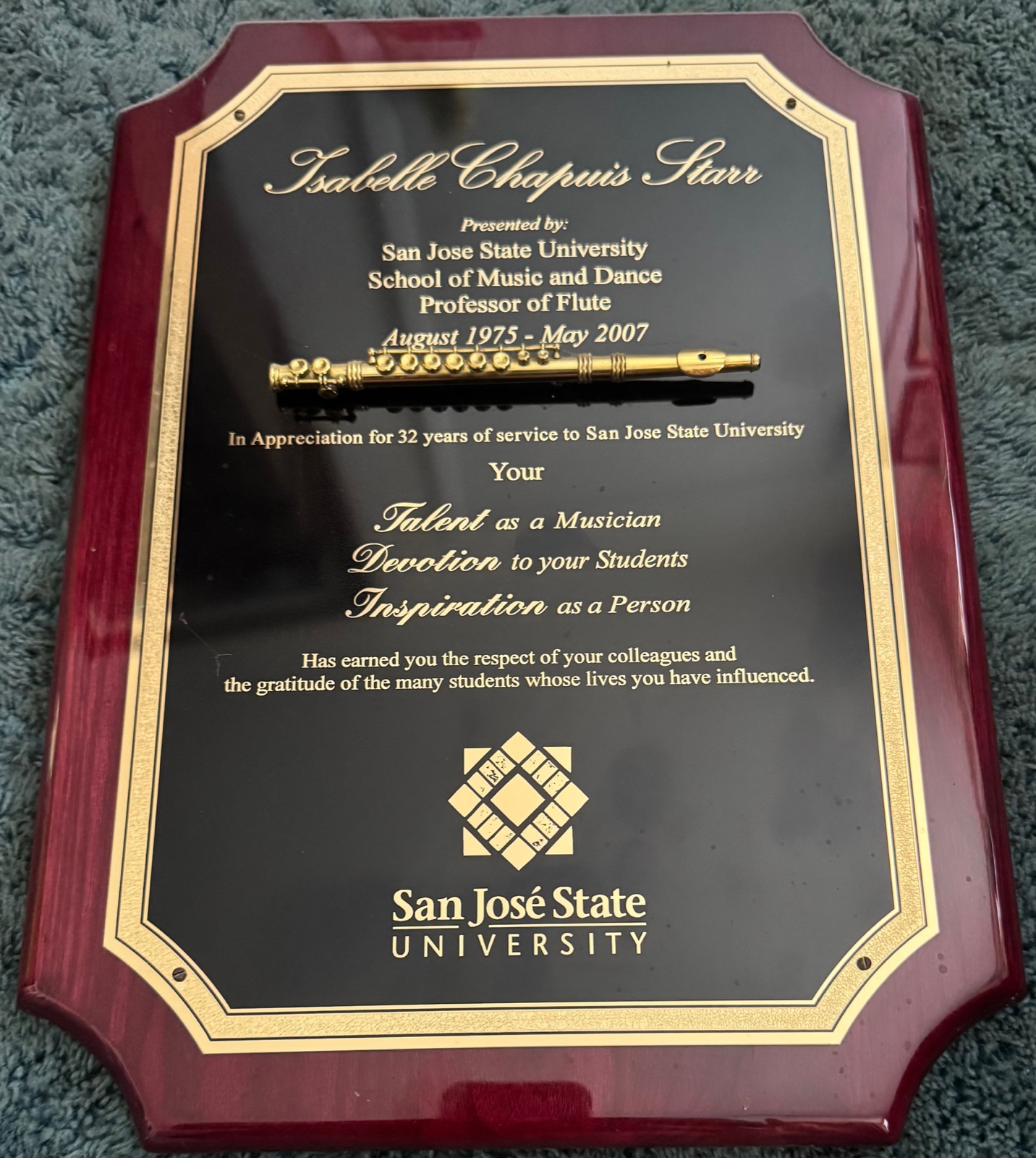 San José State University School of Music and Dance award honoring Isabelle Chapuis Starr’s teaching and service