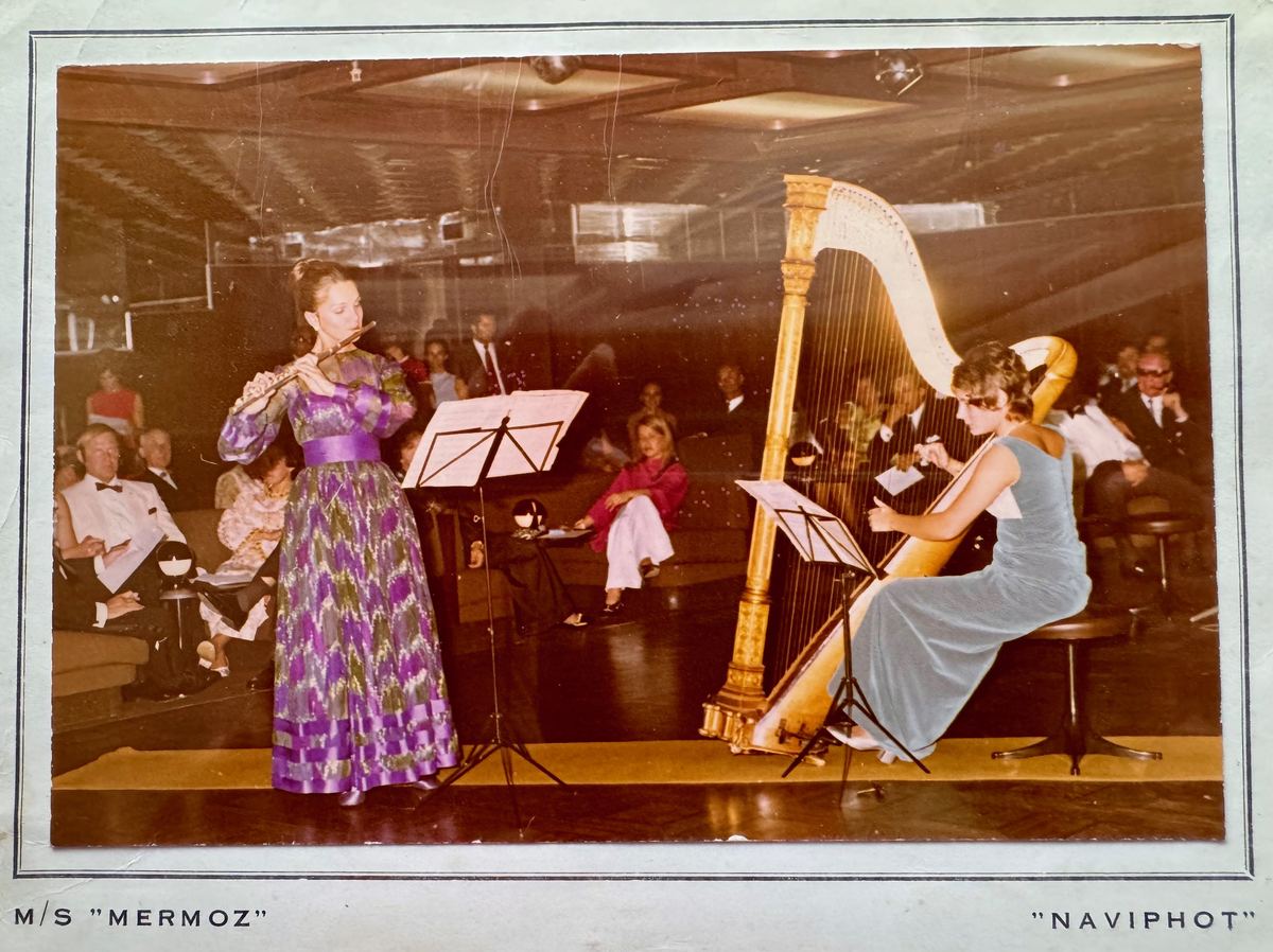 Performing with harpist Sylvie Beltrando