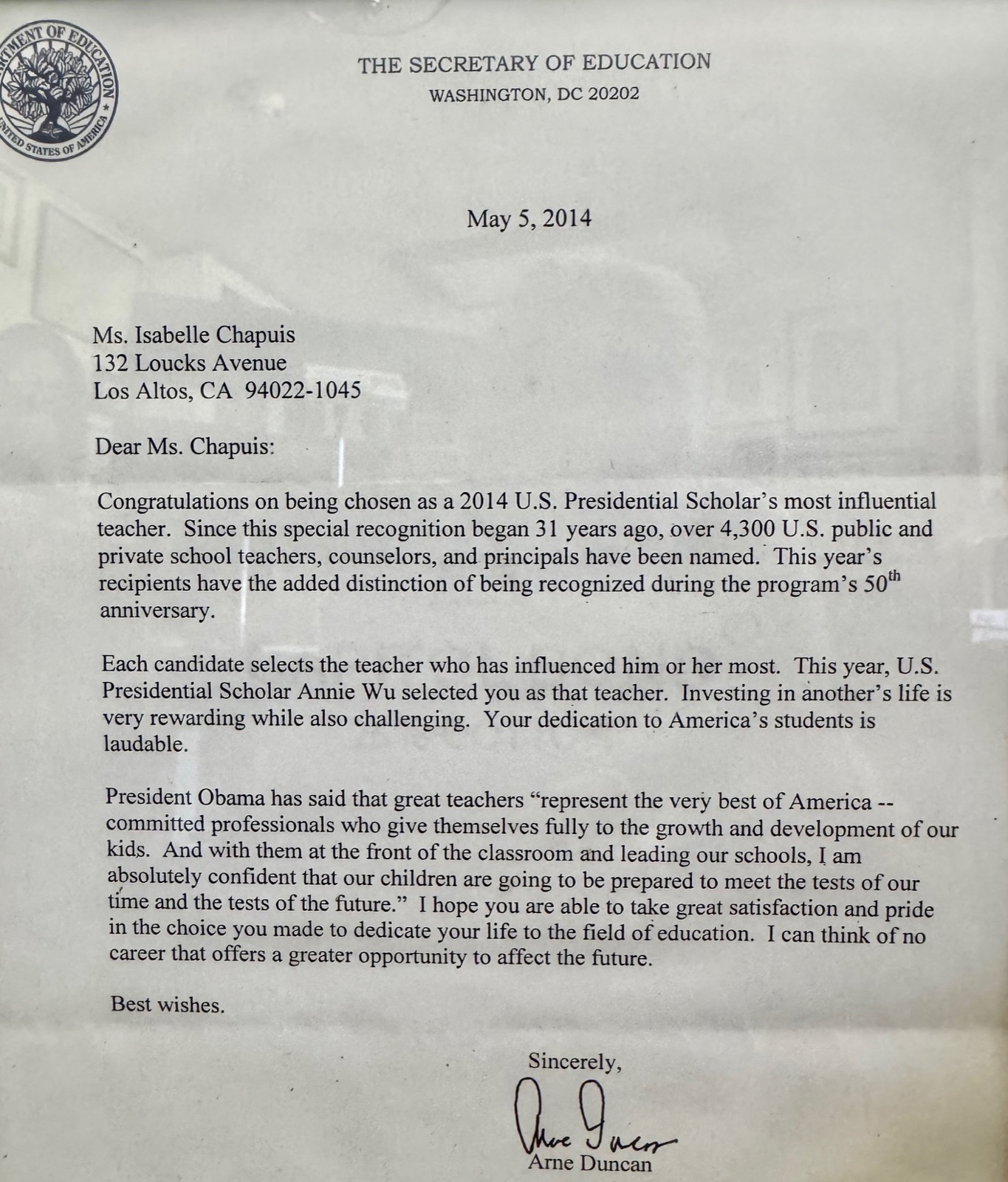 Letter from U.S. Secretary of Education Arne Duncan recognizing Isabelle Chapuis as Annie Wu’s most influential teacher